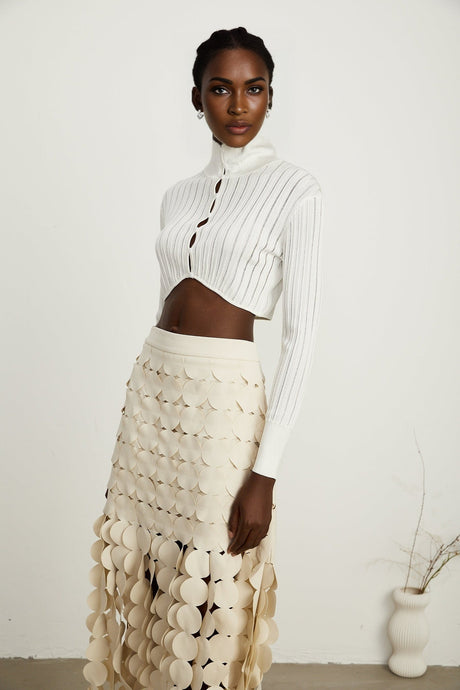 Teresa Crop Top White Ribbed Knit High Neck Button