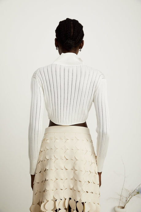 Teresa Crop Top White Ribbed Knit High Neck Button