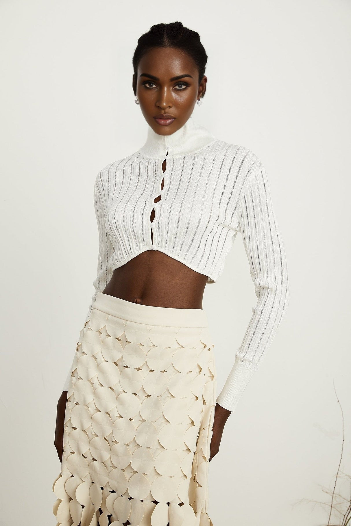 Teresa Crop Top White Ribbed Knit High Neck Button