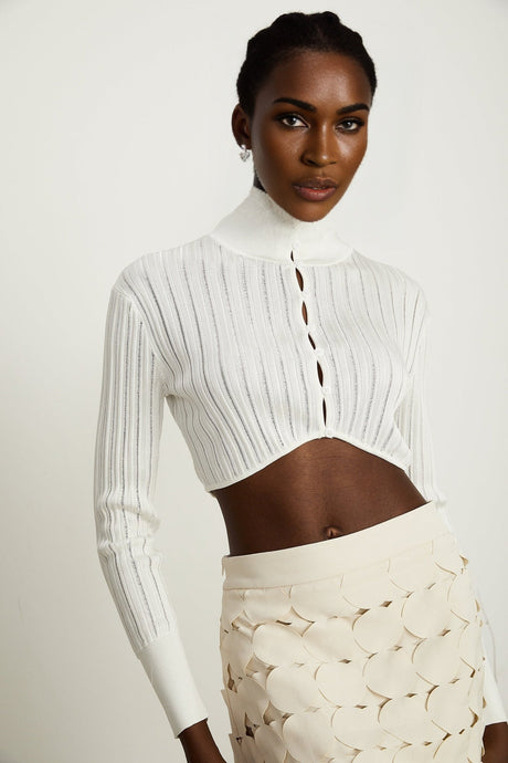 Teresa Crop Top White Ribbed Knit High Neck Button