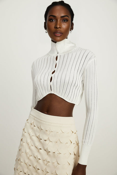 Teresa Crop Top White Ribbed Knit High Neck Button