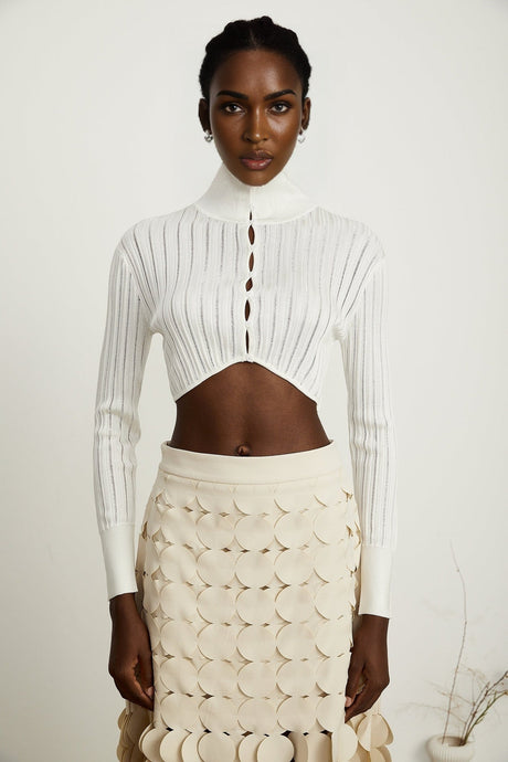 Teresa Crop Top White Ribbed Knit High Neck Button