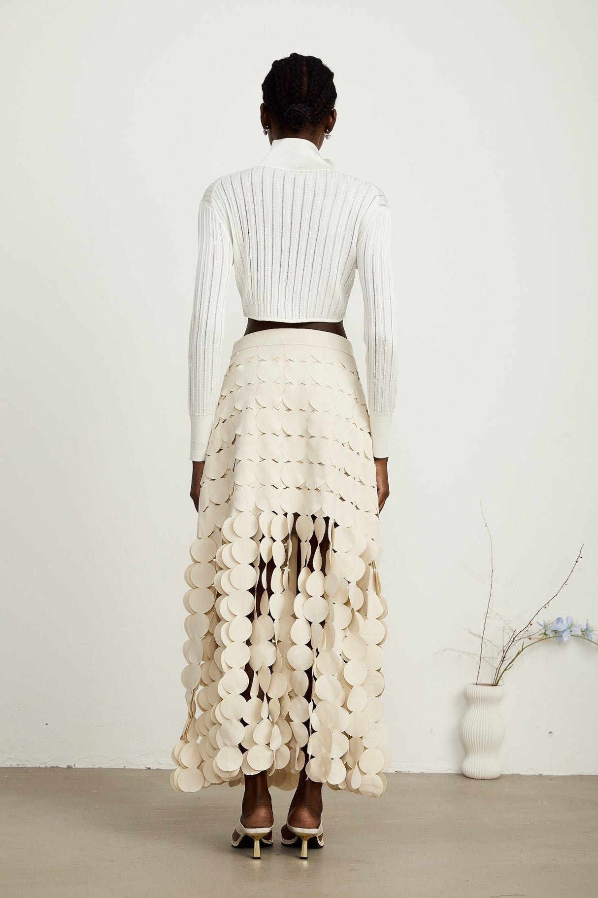 Teresa Crop Top White Ribbed Knit High Neck Button