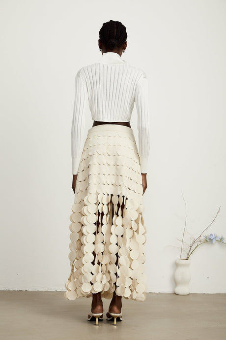 Teresa Crop Top White Ribbed Knit High Neck Button