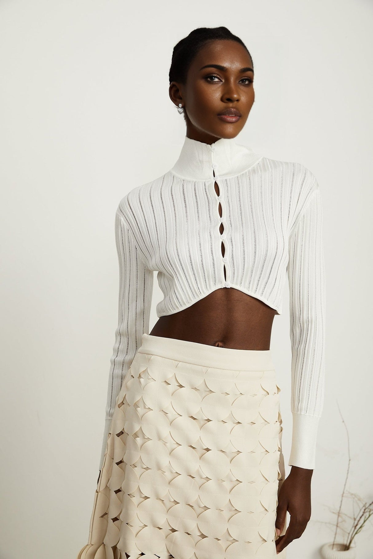 Teresa Crop Top White Ribbed Knit High Neck Button