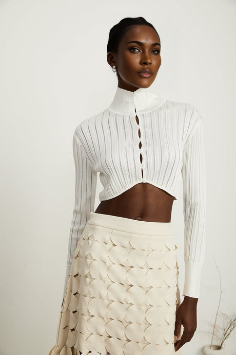 Teresa Crop Top White Ribbed Knit High Neck Button