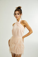 Teresa Dress Pink Feather Tassel Halter - neck Thigh Length Zip Fastening