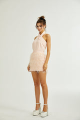 Teresa Dress Pink Feather Tassel Halter - neck Thigh Length Zip Fastening