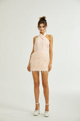 Teresa Dress Pink Feather Tassel Halter - neck Thigh Length Zip Fastening