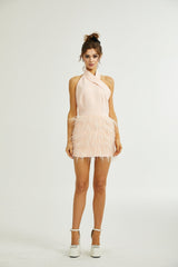 Teresa Dress Pink Feather Tassel Halter - neck Thigh Length Zip Fastening