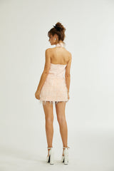 Teresa Dress Pink Feather Tassel Halter - neck Thigh Length Zip Fastening