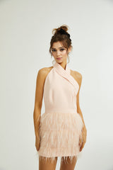 Teresa Dress Pink Feather Tassel Halter - neck Thigh Length Zip Fastening