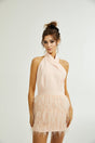 Teresa Dress Pink Feather Tassel Halter - neck Thigh Length Zip Fastening