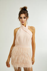 Teresa Dress Pink Feather Tassel Halter - neck Thigh Length Zip Fastening
