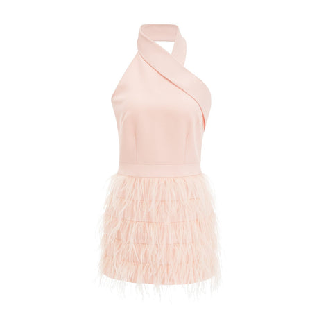 Teresa Dress Pink Feather Tassel Halter - neck Thigh Length Zip Fastening