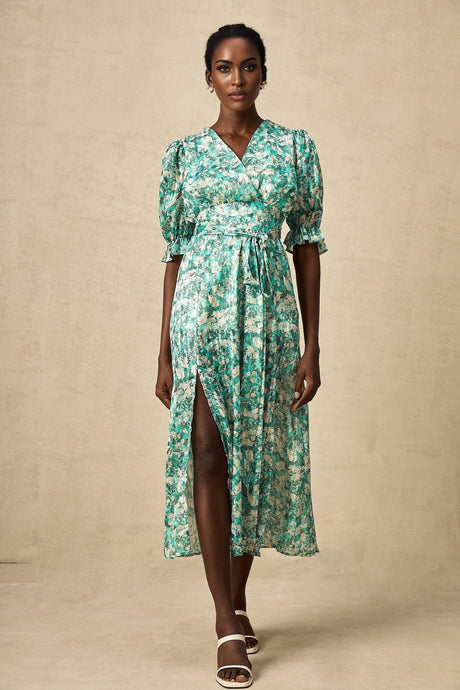 Teresa Floral Midi Dress in Vibrant Green with High Slit & Ruffled Detailing