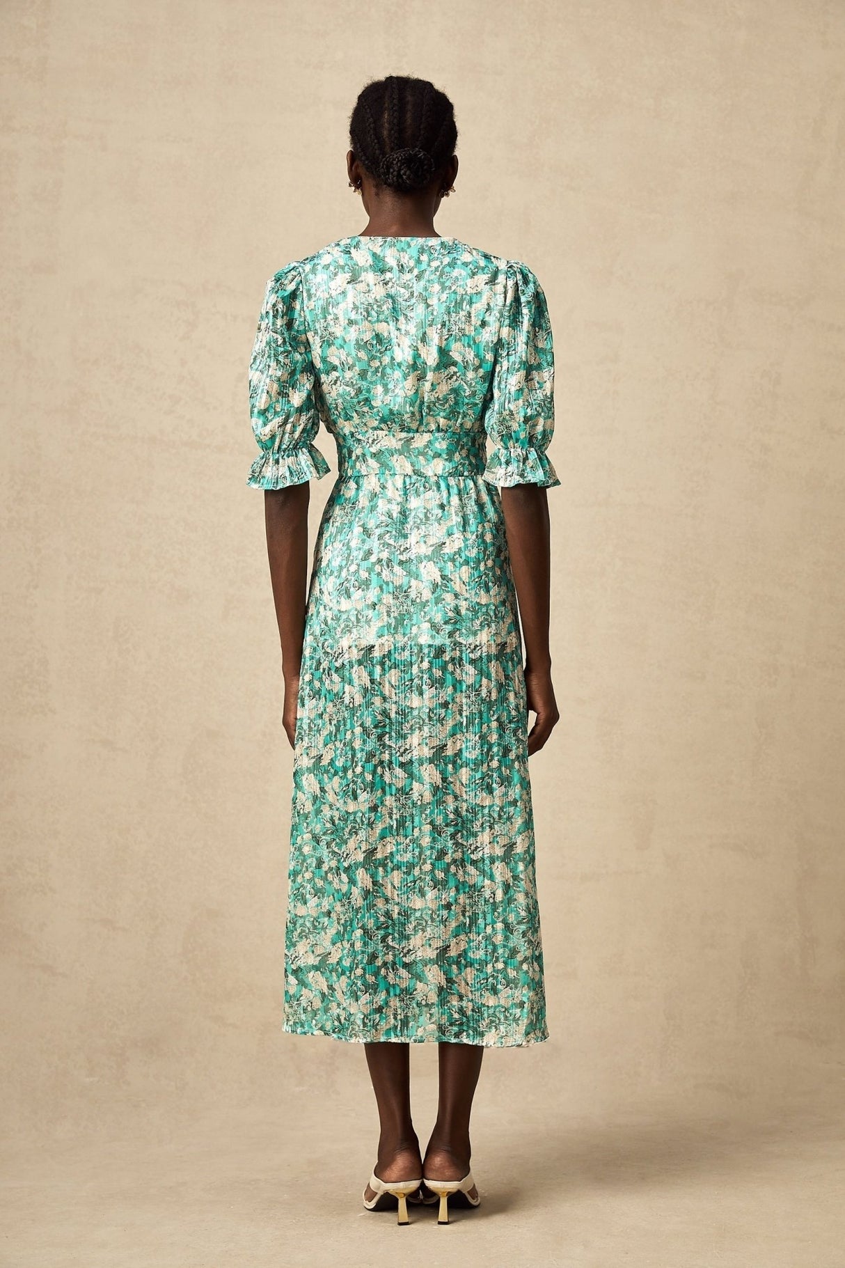 Teresa Floral Midi Dress in Vibrant Green with High Slit & Ruffled Detailing