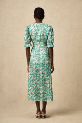Teresa Floral Midi Dress in Vibrant Green with High Slit & Ruffled Detailing