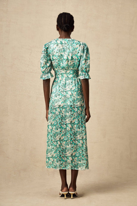 Teresa Floral Midi Dress in Vibrant Green with High Slit & Ruffled Detailing