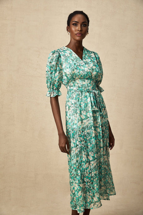 Teresa Floral Midi Dress in Vibrant Green with High Slit & Ruffled Detailing