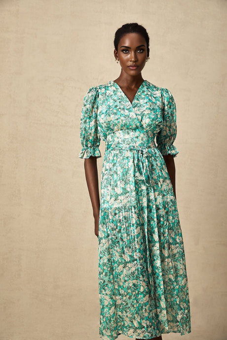 Teresa Floral Midi Dress in Vibrant Green with High Slit & Ruffled Detailing