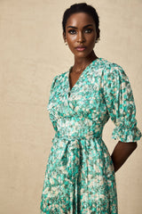 Teresa Floral Midi Dress in Vibrant Green with High Slit & Ruffled Detailing