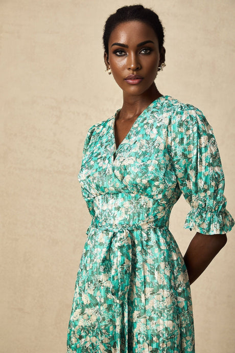Teresa Floral Midi Dress in Vibrant Green with High Slit & Ruffled Detailing
