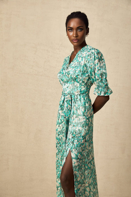 Teresa Floral Midi Dress in Vibrant Green with High Slit & Ruffled Detailing