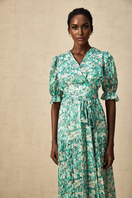 Teresa Floral Midi Dress in Vibrant Green with High Slit & Ruffled Detailing