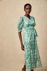 Teresa Floral Midi Dress in Vibrant Green with High Slit & Ruffled Detailing