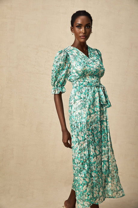 Teresa Floral Midi Dress in Vibrant Green with High Slit & Ruffled Detailing