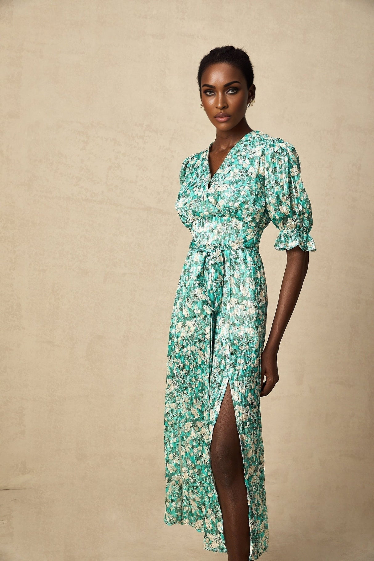 Teresa Floral Midi Dress in Vibrant Green with High Slit & Ruffled Detailing