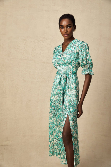 Teresa Floral Midi Dress in Vibrant Green with High Slit & Ruffled Detailing