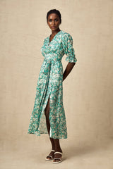 Teresa Floral Midi Dress in Vibrant Green with High Slit & Ruffled Detailing