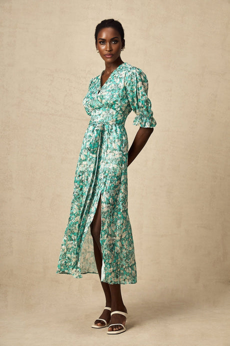 Teresa Floral Midi Dress in Vibrant Green with High Slit & Ruffled Detailing