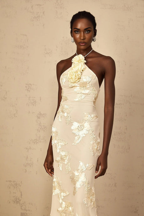 Teresa Maxi Dress Embroidered Floral Halter - neck & Open Back