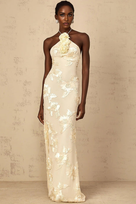 Teresa Maxi Dress Embroidered Floral Halter - neck & Open Back