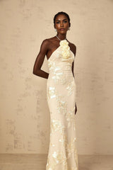 Teresa Maxi Dress Embroidered Floral Halter - neck & Open Back
