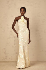 Teresa Maxi Dress Embroidered Floral Halter - neck & Open Back