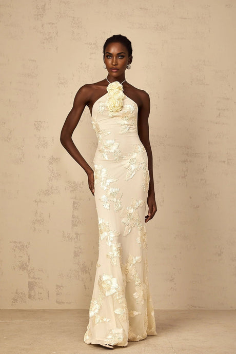 Teresa Maxi Dress Embroidered Floral Halter - neck & Open Back