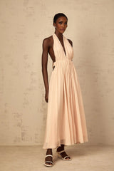 Teresa Maxi Dress Peach Pink Halter - neck Shirred Tulle Open Back