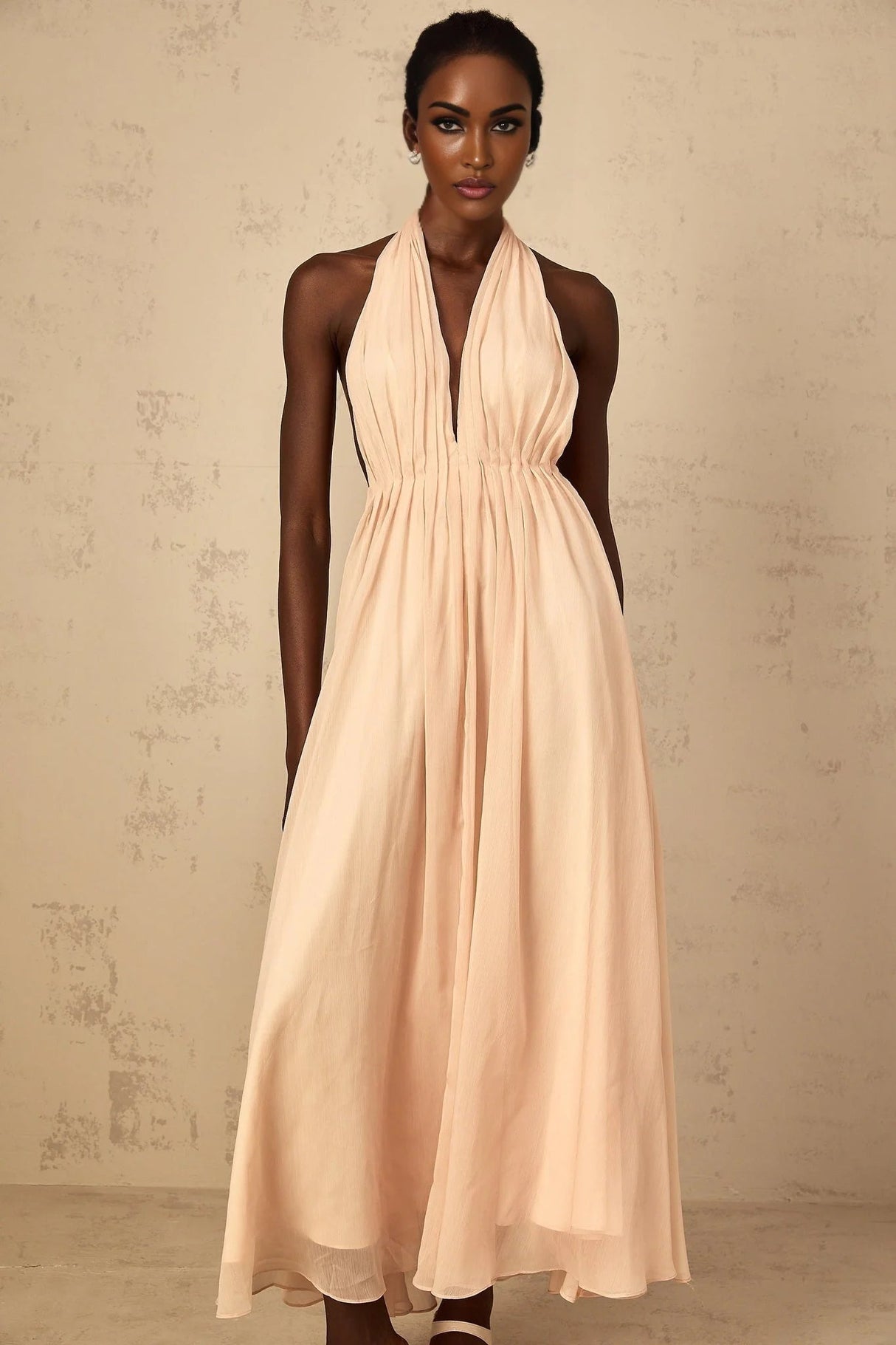 Teresa Maxi Dress Peach Pink Halter - neck Shirred Tulle Open Back