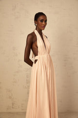 Teresa Maxi Dress Peach Pink Halter - neck Shirred Tulle Open Back