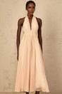 Teresa Maxi Dress Peach Pink Halter - neck Shirred Tulle Open Back