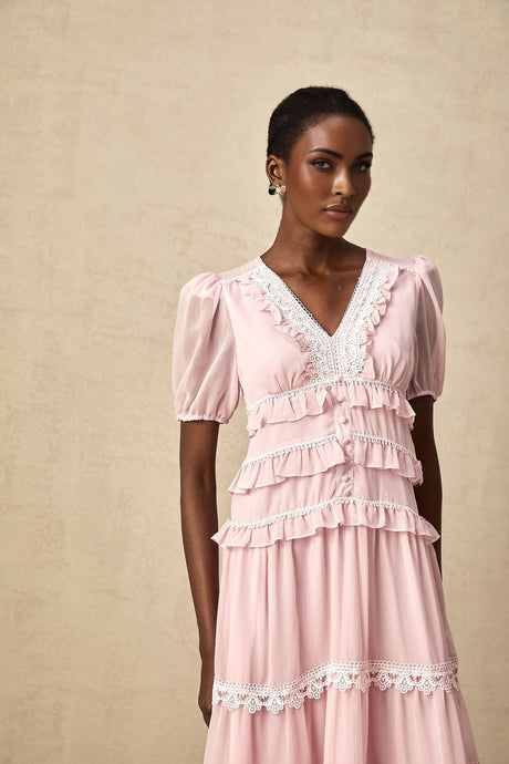 Teresa Midi Dress VNeck Puff Sleeves Ruffle Detail