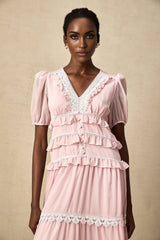 Teresa Midi Dress VNeck Puff Sleeves Ruffle Detail