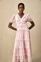 Teresa Midi Dress VNeck Puff Sleeves Ruffle Detail
