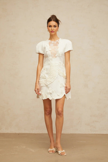 Teresa Mini Dress White Floral - Applique Puff