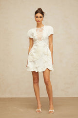 Teresa Mini Dress White Floral - Applique Puff