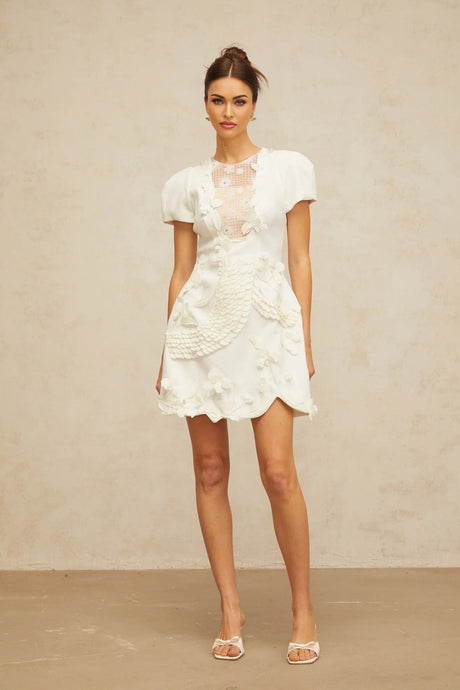 Teresa Mini Dress White Floral - Applique Puff